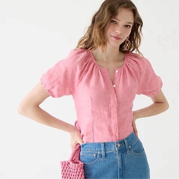 J. Crew Tops - J. Crew NEW Women's Pink 100% Linen V-Back Puff Sleeve Button Down Top Sz 8
